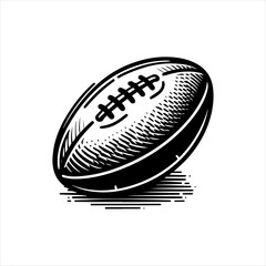 A detailed black and white illustration of an American football.