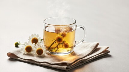 Golden Calm: Chamomile Tea with Fresh Blossoms in Natural Light