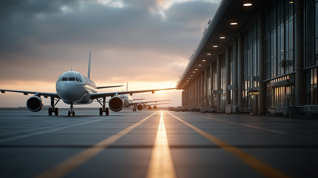 A fleet of aircraft is parked on the taxiway of the international airport runway. View of the terminal's panoramic window. Air freight background