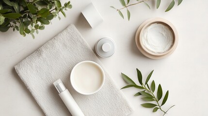 Natural skincare products arranged neatly on a white surface with greenery