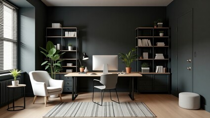 Modern home office with dark walls a light wood desk white armchair and minimalist shelving filled with books and plants