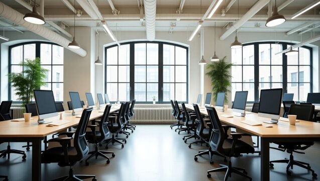 Modern open plan office interior with rows of workstations computers ergonomic chairs and large arched windows creating a bright and productive workspace - Powered by Adobe