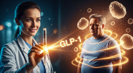 Healthcare provider showcases GLP-1 treatment to patient, surrounded by glowing elements, emphasizing medical innovation and care