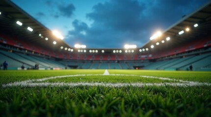 A soccer stadium with green grass and white lines is empty