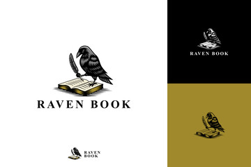 A vintage style illustration of a dark raven holding a quill pen above an open book