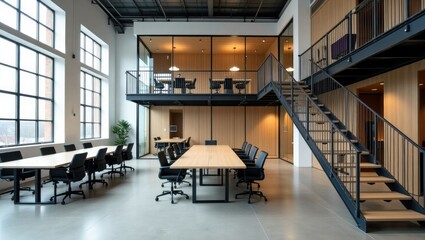 Modern open plan office interior featuring large windows meeting tables chairs and a mezzanine level with a staircase