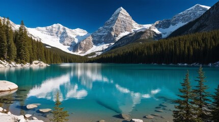 The turquoise waters of moraine lake reflect the snow capped mountains