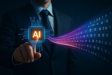 Businessman s finger touches glowing ai chip circuit board initiating a stream of digital binary code data flow
