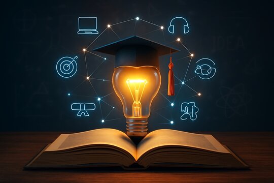 Illuminated light bulb wearing graduation cap atop open book symbolizing knowledge and learning with digital education icons connected by network