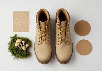 Beige leather boots with mushrooms and mockups isolated on white background