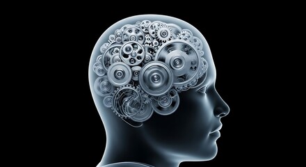Obraz premium Profile of a human head silhouette filled with mechanical gears showing the concept of mind, intellect and thinking against a dark background.