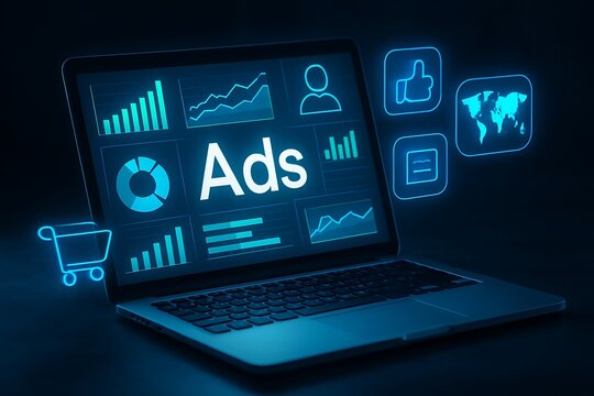 Digital advertising analytics on a laptop screen showing charts graphs and icons for marketing and business growth - Powered by Adobe