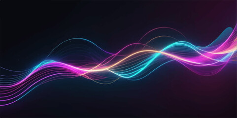 Abstract, colourful background featuring dynamic blue lines, glowing curves, and a vibrant light wave pattern for modern tech illustration