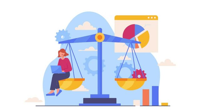 Benchmarking process. Moving banner with female entrepreneur sitting on scale and analyzing statistics. Compare quality with competitor companies. Flat graphic animated cartoon