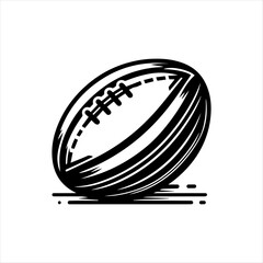 A stylized black and white illustration of a rugby ball, resting on the ground.