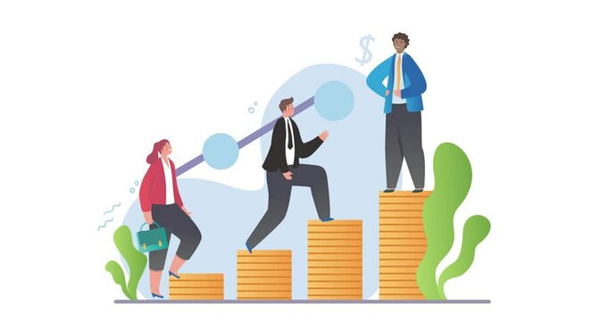 Teamwork and cooperation. Moving banner with team of entrepreneurs or office workers climbing career ladder and achieving success. Partnership and business collaboration. Flat graphic animated cartoon