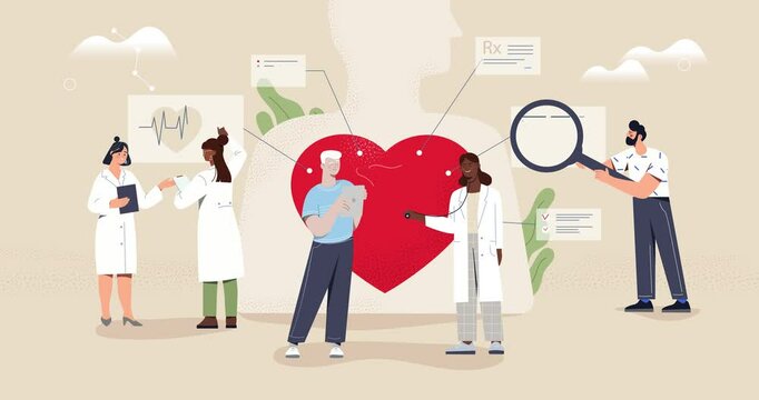 Diagnostics in cardiology. Moving banner with doctors and therapists checking health of heart and circulatory system of patient. Checking pulse and blood pressure. Flat graphic animated cartoon