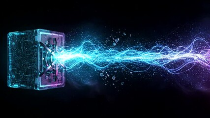 Light beams emanate from a cube-shaped device, surrounded by particles, on black - Powered by Adobe