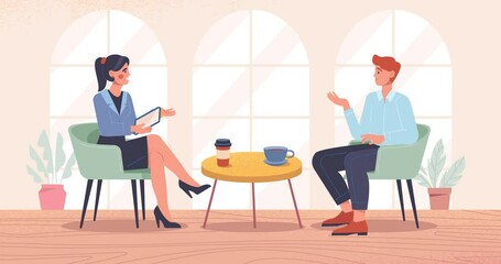 Interview with famous person. Moving banner with female journalist talking to male celebrity on online broadcast or TV report. Reporter communicates with guest. Flat graphic animated cartoon