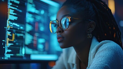 AI cybersecurity threat: Black female IT specialist analyzing data in augmented reality