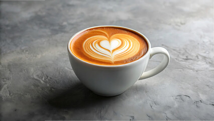 A white coffee cup with latte art heart on a gray marble surface in a close up studio shot view
