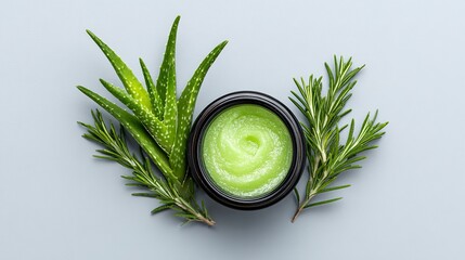 Freshly prepared aloe vera and rosemary skin cream in a jar.