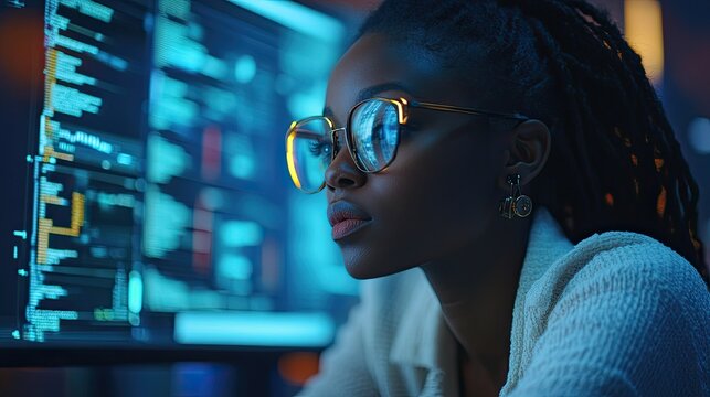 AI cybersecurity threat: Black female IT specialist analyzing data in augmented reality 