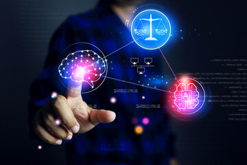 AI ethics concept with businessman pointing on brain icon to use AI help create or generate the art but must also consider ethical considerations so as not to infringe on the copyrights of human