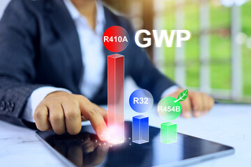 Refrigerant global warming potential GWP concept with businessman compare value each refrigerant are R410A, R32 and R454B is most environment friendly with less emission index
