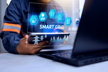 Power plant engineer monitoring smart grid operation on tablet screen for electricity distribution and generation to support smart city and the increasing urbanization