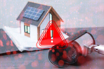 Red alert triangle over security camera, binary code overlay, and smart home in background. Concept of surveillance vulnerability, data privacy threats, and cyber attack.