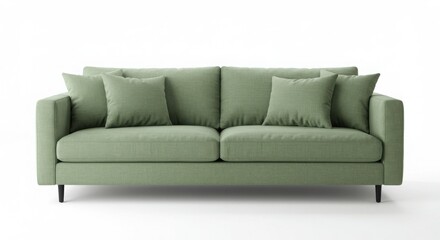 Modern green sofa with pillows isolated on white background