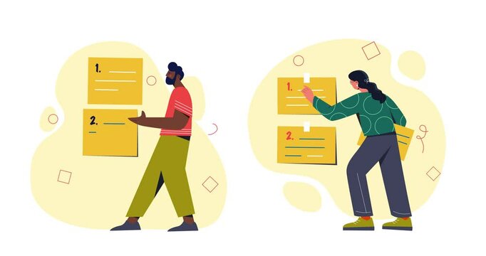 Planning and time management. Moving banner with man and woman surrounded by yellow sticky notes with reminders and task list. Work priority and arrange to do list. Flat graphic animated cartoon