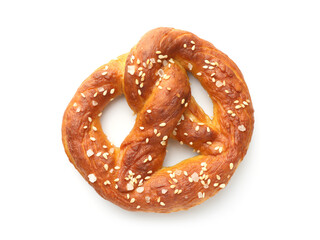 Tasty pretzel with salt isolated on white, top view