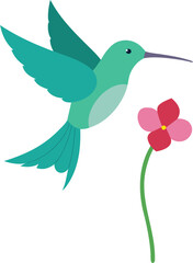 Delicate single stroke hummingbird hovering near a flower with white background.