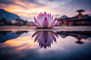 A pink lotus flower reflects in water at sunset, symbolizing purity and spiritual growth. Ideal for meditation, yoga, zen.
