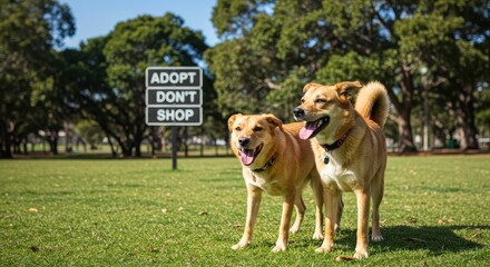 Obraz premium Two Happy Dogs Enjoying a Day in the Park with Adoption Sign in Background Promoting Pet Rescue and Awareness