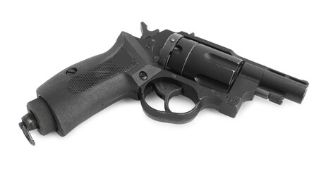 One black gun on white background, above view. Police equipment