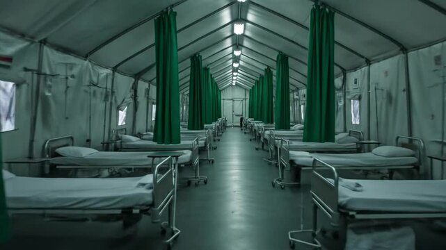 Empty hospital beds in temporary facility