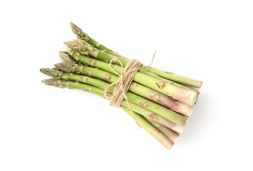 Bunch of fresh raw asparagus spears isolated on white, top view