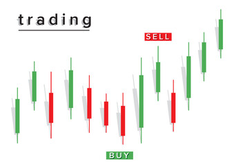 Illustration of a trading candlestick chart featuring buy and sell indicators, showcasing market movements with green and red bars for price changes in a visually engaging financial design.