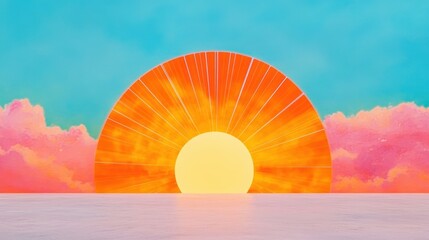 Colorful abstract sunrise minimal illustration sky forms the main focus. Vibrant sun and bright clouds fill the scene. Concept, geometric, gradient background, cheerful and modern art, perfect for