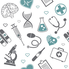 Medical healthcare seamless pattern icons brain heart dna stethoscope
