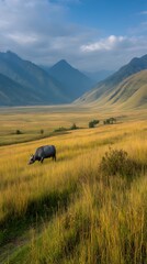 Obraz premium Buffalo Grazing in Scenic Valley Meadow with Mountains in Background, and Peaceful Nature.