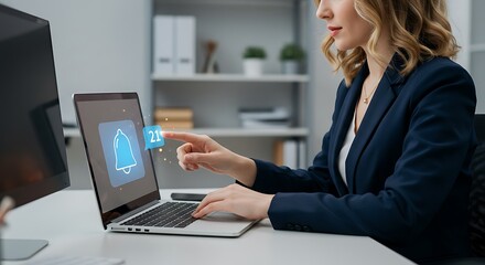 businesswoman working and receiving a notification bell icon on computer. businesswoman interacting with a digital interface that displays and touches a warming notification bell icon.