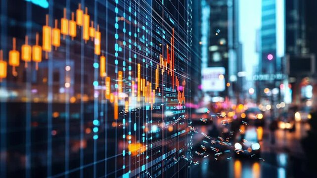 Pulsating neon lights flicker erratically in an urban sprawl as shimmering holograms of falling stock prices dance across shattered windows embodying an economic freefall.