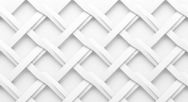 A full-frame pattern of interlocking, flat 2.5D, 3D, graphic illustration of clean white and off-white geometric shapes with sharp edges, rendered with no perspective, creating a shadowless look.