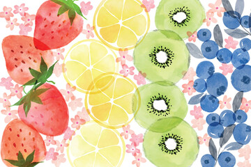 Summer fruits watercolor art colorful pattern background. Sweet kiwi, strawberry, blueberry and lemon in frame.Summer fruits pattern. Fruit berry background. Watercolor fruit texture
