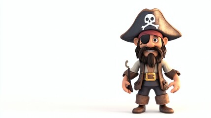 A jovial cartoon pirate stands with his hook and hat