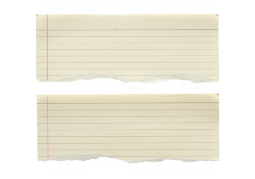 Two pieces of vintage lined notebook paper with torn edges are isolated on transparent background